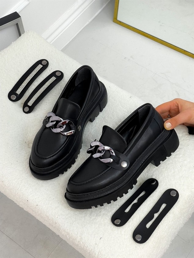 Siyah Cilt (Fabio) Üç Tokalı Kadın Loafer