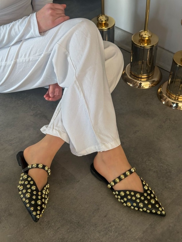 Siyah Cilt (Maria) Gold Droplu Kadın Terlik