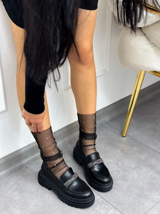 Siyah Cilt (Stone) Taş Detay Kadın Loafer