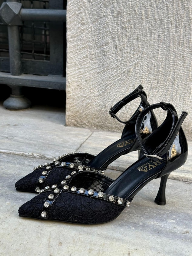 Siyah Dantel (Simmy) Taş Detay Kadın Stiletto