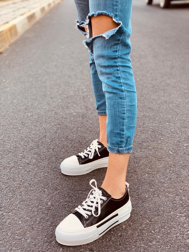 Siyah Deri (Blackberry) Kadın Yüksek Tabanlı Sneakers
