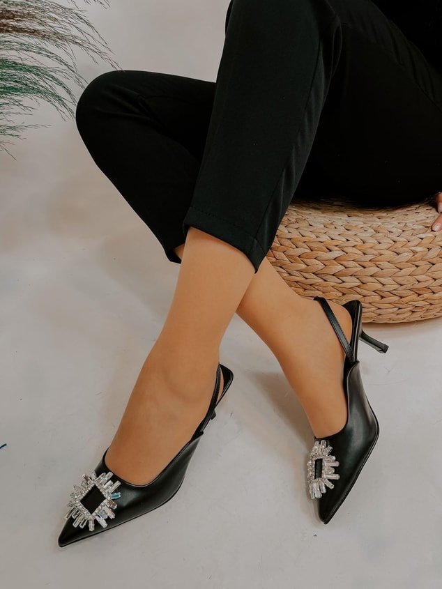 Siyah Deri (Cooper) Taş Detay Kadın Stiletto
