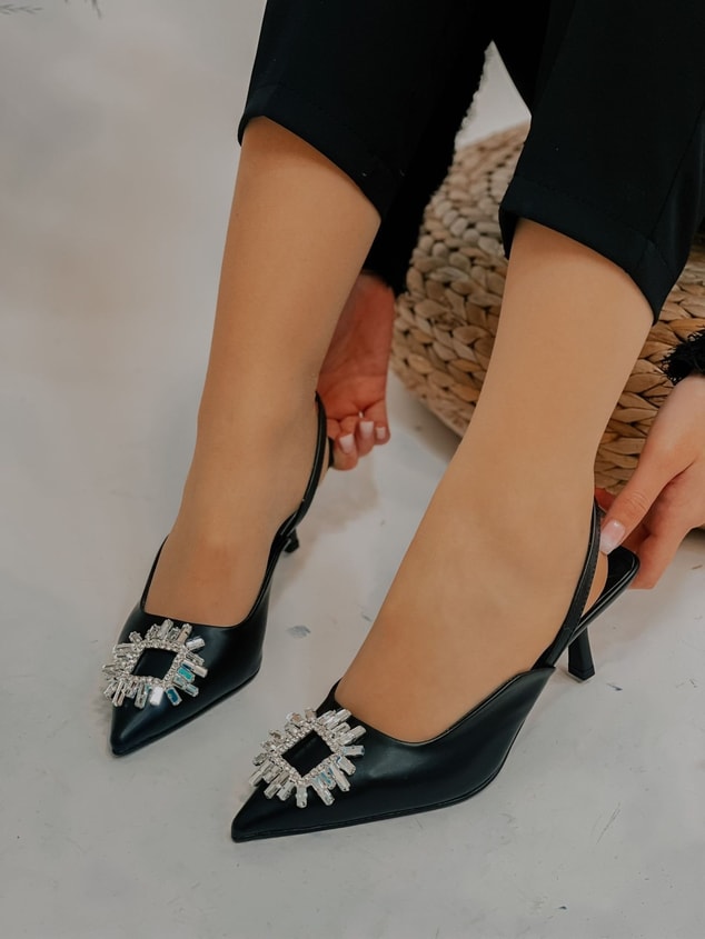 Siyah Deri (Cooper) Taş Detay Kadın Stiletto