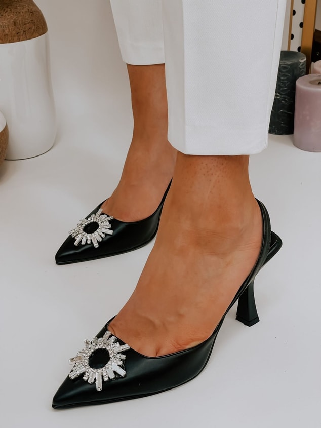Siyah Deri (Madrid) Taş Detay Kadın Stiletto