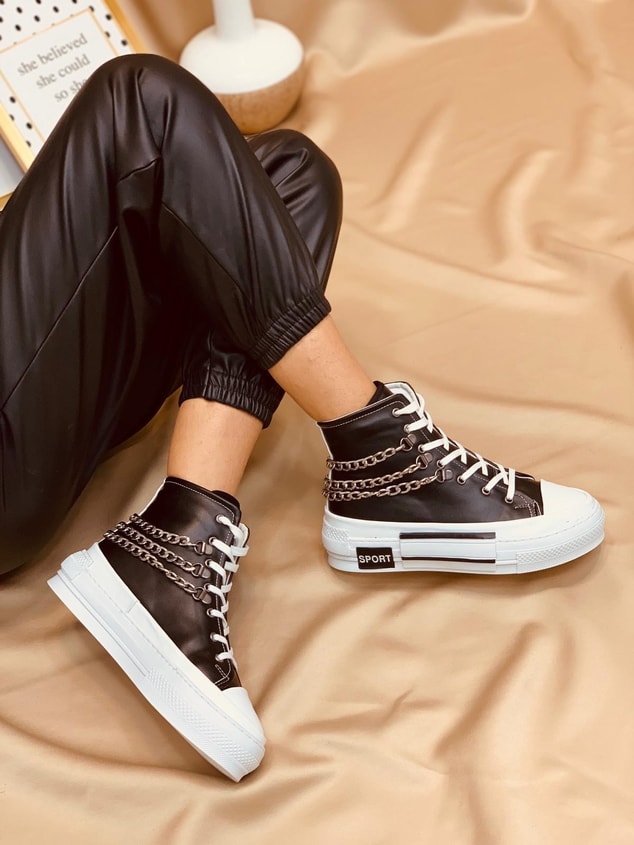 Siyah Deri (Misty) Zincir Detaylı Kadın Yüksek Tabanlı Sneakers