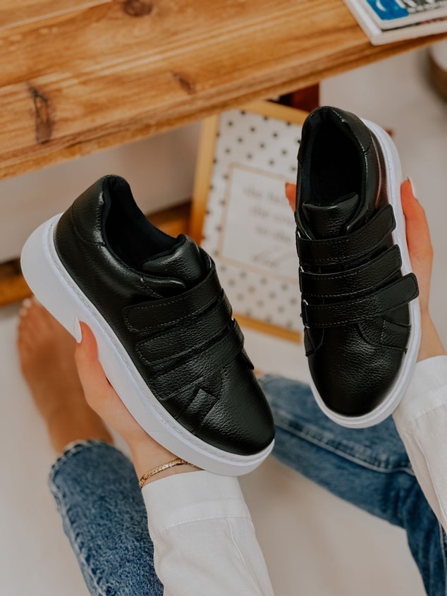 Siyah Deri (Montana) Kadın Cırtlı Sneakers