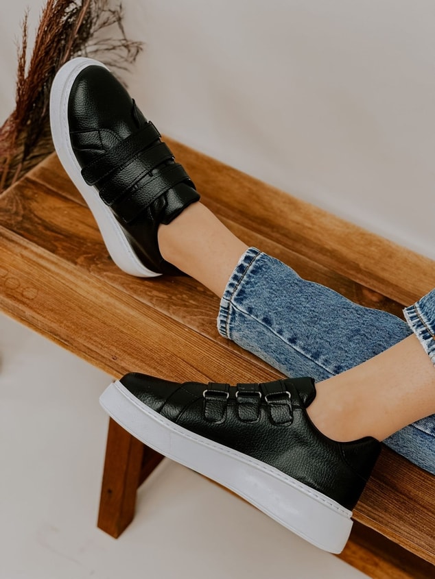 Siyah Deri (Montana) Kadın Cırtlı Sneakers
