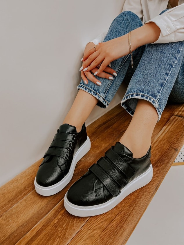 Siyah Deri (Montana) Kadın Cırtlı Sneakers
