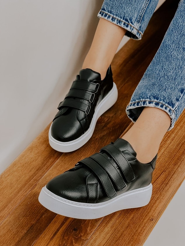 Siyah Deri (Montana) Kadın Cırtlı Sneakers