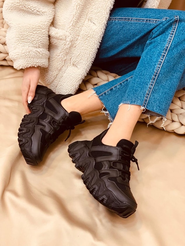Siyah Deri (Ripple) Kadın Bağcıklı Sneakers