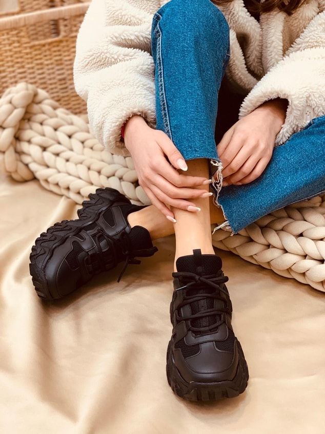 Siyah Deri (Ripple) Kadın Bağcıklı Sneakers