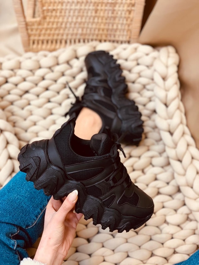 Siyah Deri (Ripple) Kadın Bağcıklı Sneakers