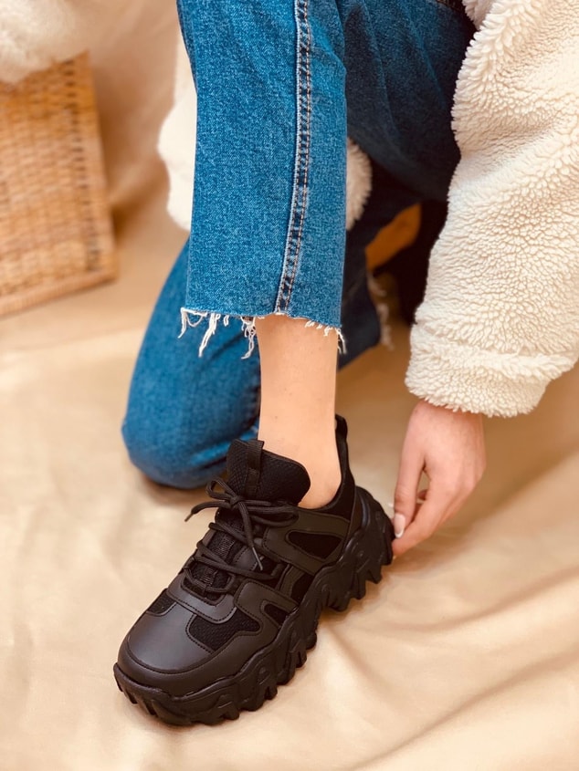 Siyah Deri (Ripple) Kadın Bağcıklı Sneakers