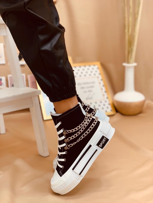 Siyah Keten (Misty) Zincir Detaylı Kadın Yüksek Tabanlı Sneakers