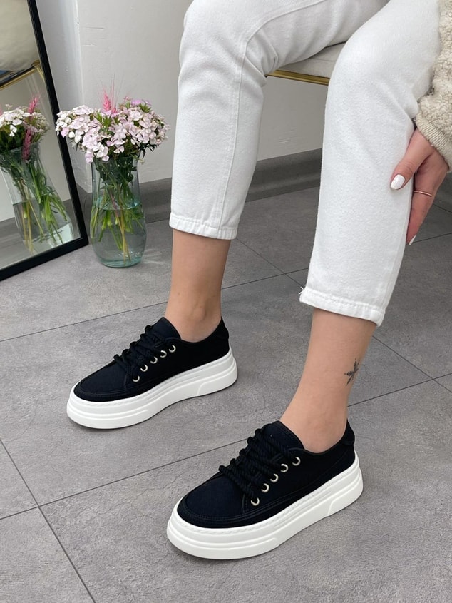 Siyah Keten (Werner) Bağcıklı Kadın Sneakers
