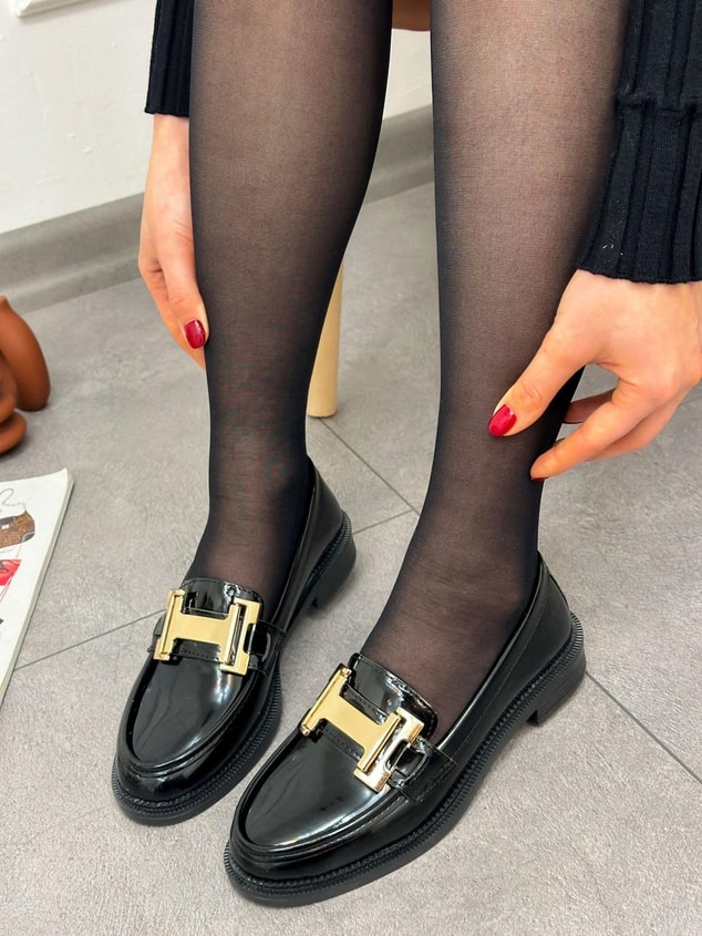 Siyah Rugan( Ellie) Gold Toka Detay Ortopedik Taban Kadın Loafer