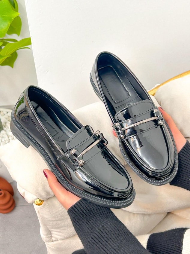 Siyah Rugan (Marta) Ortopedik Taban Kadın Loafer