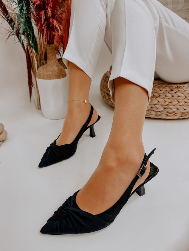 Siyah Saten (Bow) Fiyonk Detay Kadın Stiletto