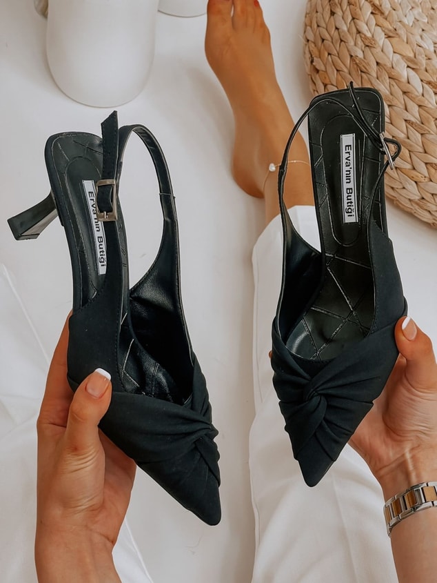 Siyah Saten (Bow) Fiyonk Detay Kadın Stiletto