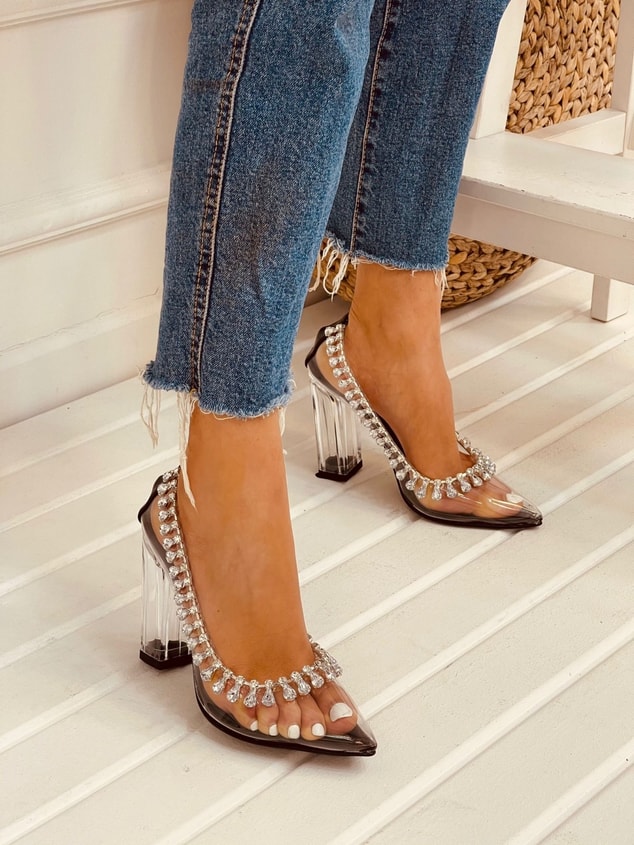 Siyah Şeffaf (Crystal) Taş Detay Stiletto