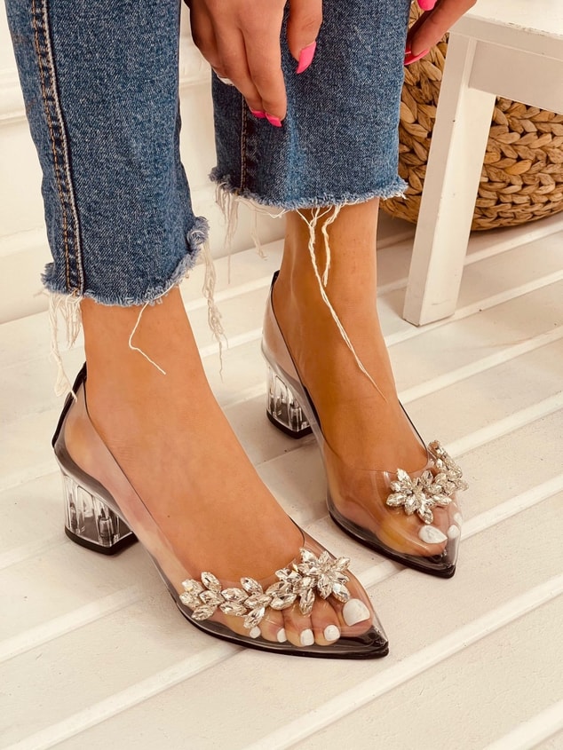 Siyah Şeffaf (Silver Mini) Taş Detay Kadın Stiletto