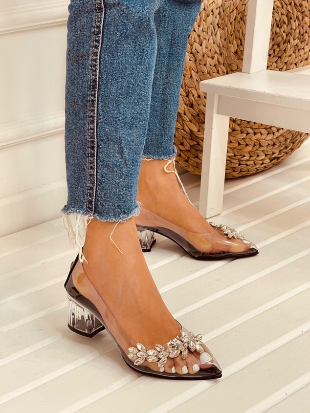 Siyah Şeffaf (Silver Mini) Taş Detay Kadın Stiletto