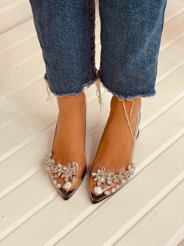 Siyah Şeffaf (Silver Mini) Taş Detay Kadın Stiletto