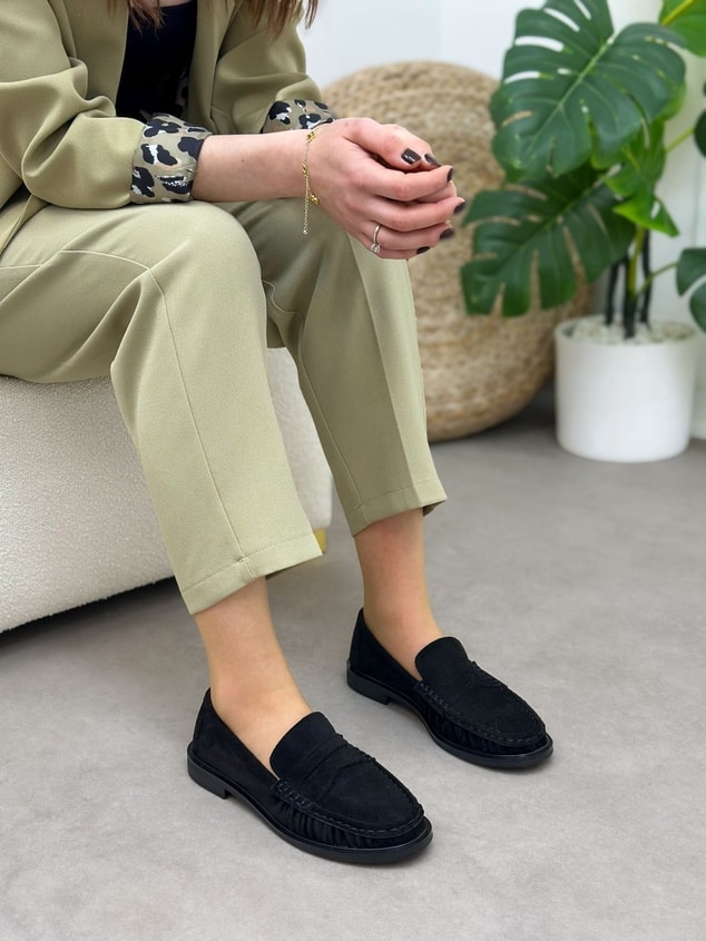 Siyah Süet (Barry) Saraç Detaylı Düz Taban Kadın Loafer