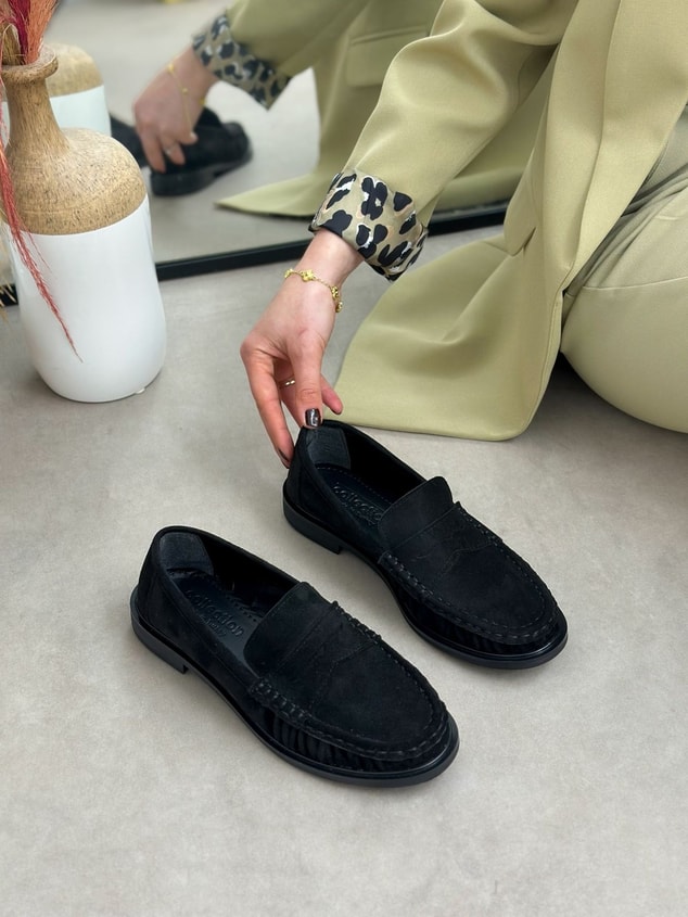 Siyah Süet (Barry) Saraç Detaylı Düz Taban Kadın Loafer
