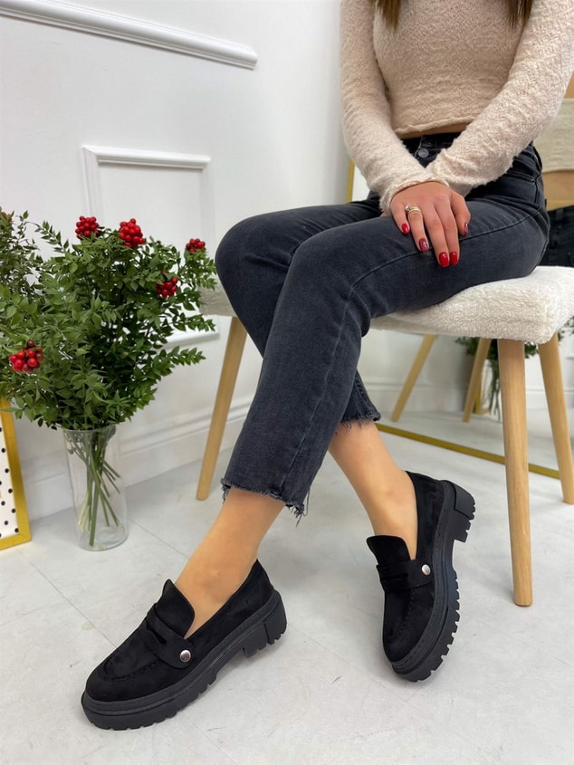 Siyah Süet (Fabio) Üç Tokalı Kadın Loafer