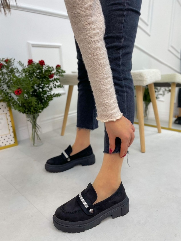 Siyah Süet (Fabio) Üç Tokalı Kadın Loafer