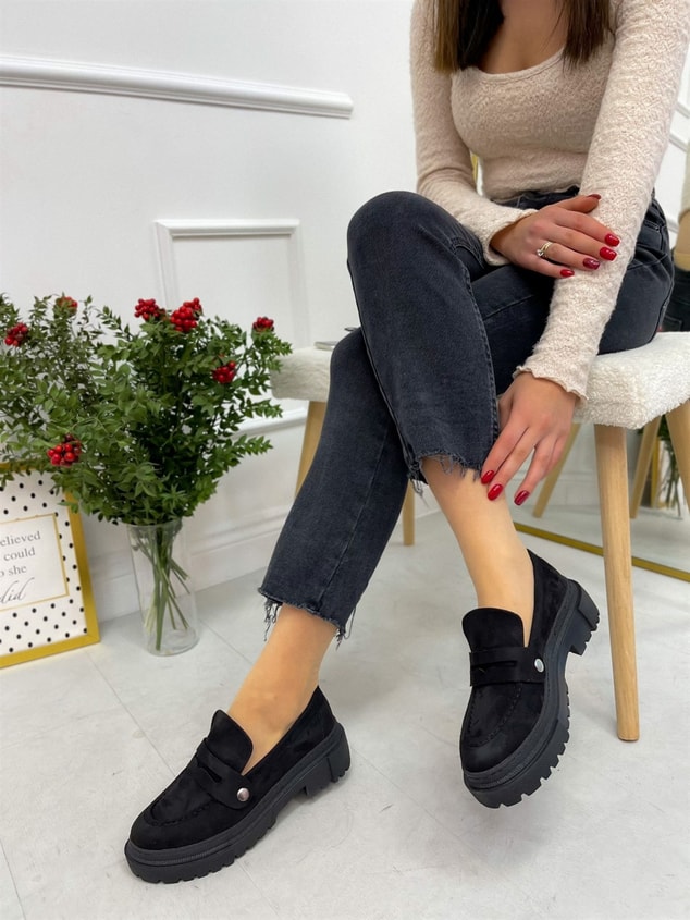 Siyah Süet (Fabio) Üç Tokalı Kadın Loafer