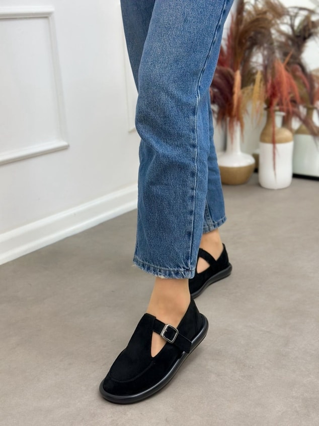 Siyah Süet (Olivia) Toka Detaylı Kadın Loafer