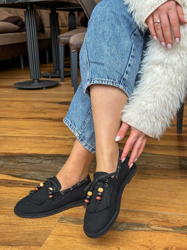 Siyah Süet (Shake) Saraçlı Boncuk Detay Kadın Loafer