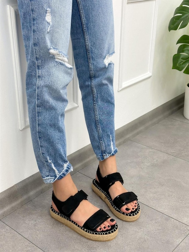 Siyah Süet (True) Kadın Cırtlı Sandalet