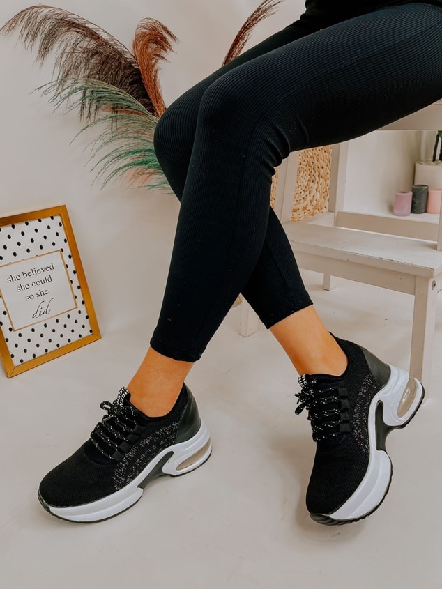 Siyah Triko (Melborn) Taş Detay Kadın Bağcıklı Sneakers