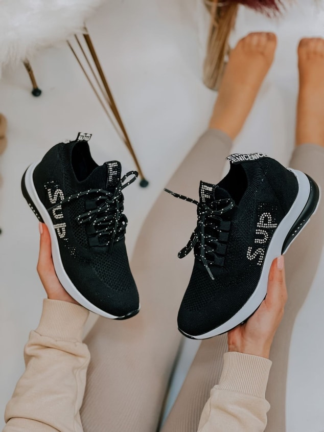 Siyah Triko (Sup) Taş Detay Kadın Bağcıklı Sneakers