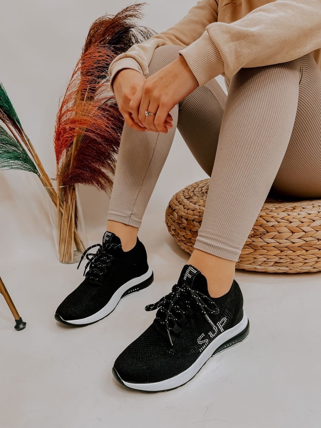 Siyah Triko (Sup) Taş Detay Kadın Bağcıklı Sneakers