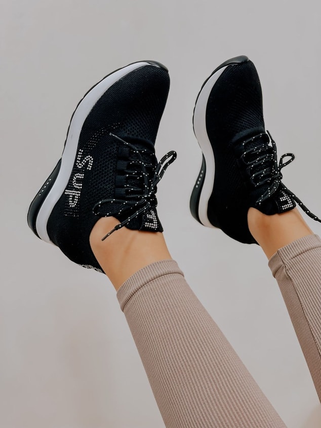 Siyah Triko (Sup) Taş Detay Kadın Bağcıklı Sneakers