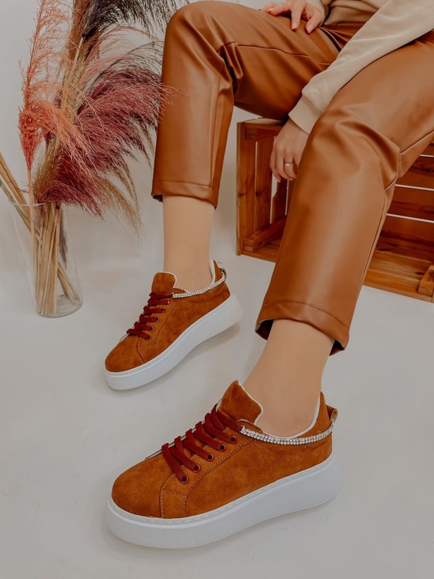 Taba Süet (Jersey) Taş Detay Kadın Bağcıklı Sneakers
