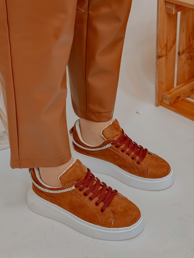 Taba Süet (Jersey) Taş Detay Kadın Bağcıklı Sneakers