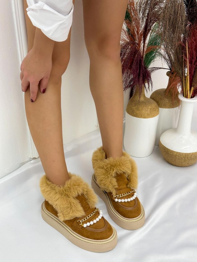 Taba Süet (Loretta) Tüylü İnci Detay Kadın Bot