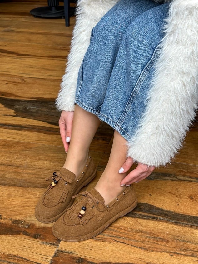 Taba Süet (Shake) Saraçlı Boncuk Detay Kadın Loafer