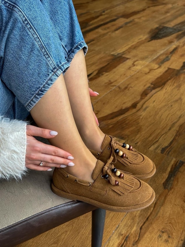 Taba Süet (Shake) Saraçlı Boncuk Detay Kadın Loafer