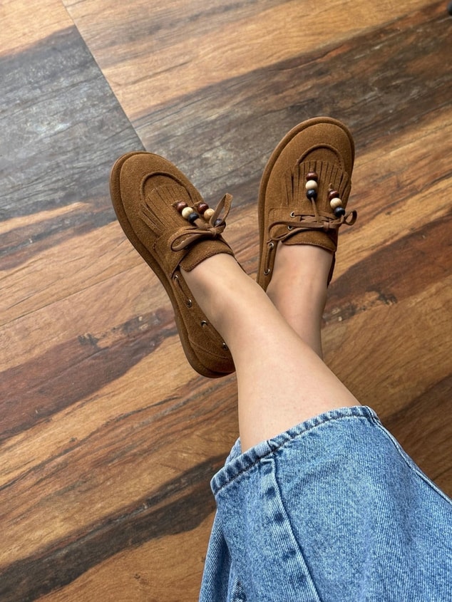 Taba Süet (Shake) Saraçlı Boncuk Detay Kadın Loafer