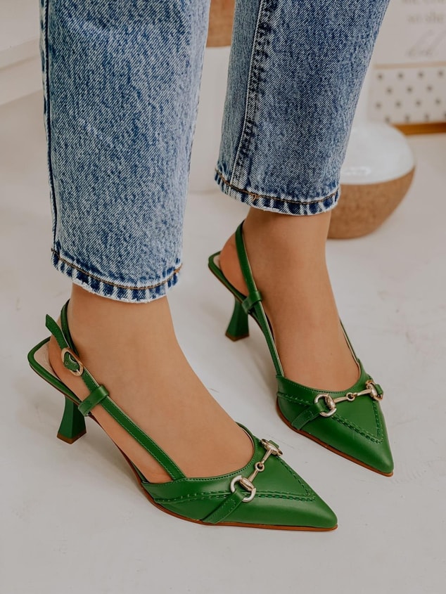 Yeşil Deri (Moss) Toka Detay Kadın Stiletto