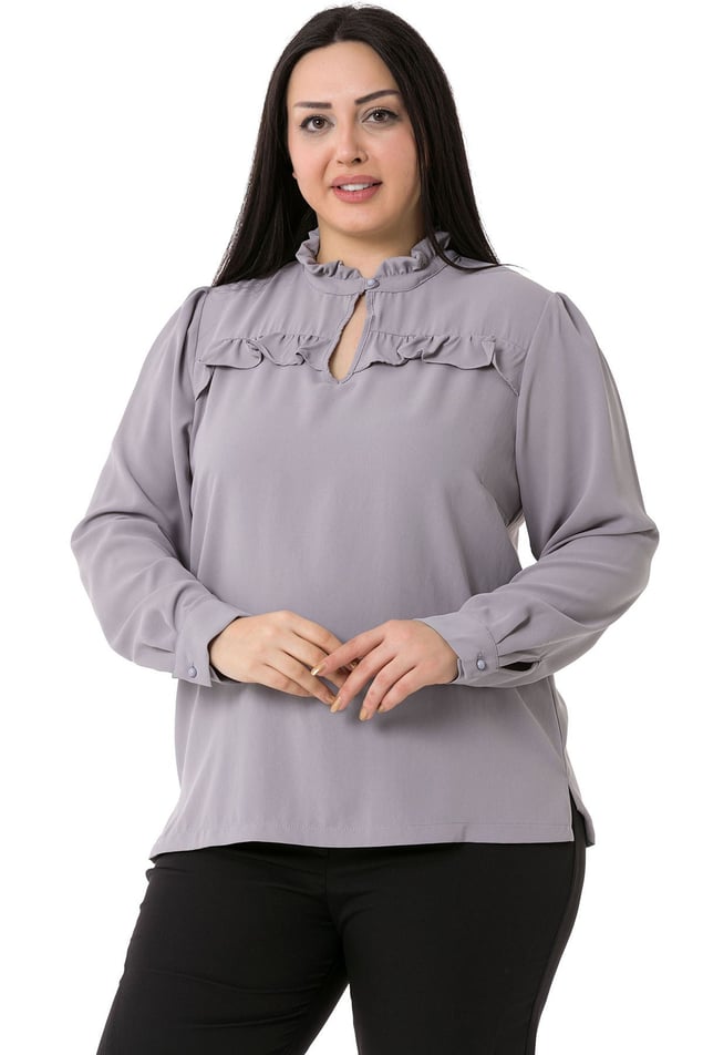 Plus Size Gray Blouse with Frill Detail on Collar and Chest and Slits on the Side