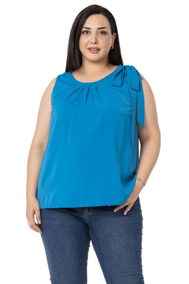 Plus Size Pleated Collar Shoulder Ribbon Detail Lined Sleeveless İndigo Blouse