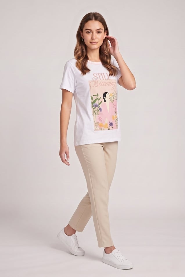 Kadın Baskılı Basic T-shirt M02028 Beyaz