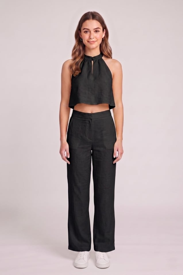 Kadın Crop Bluz Pantolon Takım M2774 Siyah
